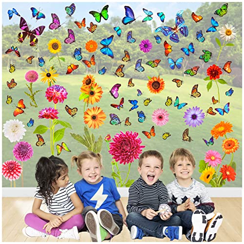 Spring Window Flower Clings, 83Pcs Colorful Flower Butterfly Anti-Collision Window Decals, Double Side Window Sticker Decorations for Baby Shower Decoration Party Supplies