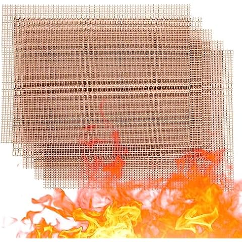 OSVINO Beige Grill Mesh Mat 5 Pack Reusable Non-Stick BBQ Grill Mats 16"x12" Outdoor Barbecue Baking Accessories Works on Gas Charcoal Electric Grill for Grilling Meat, Fish, Steak, Vegetables Cover