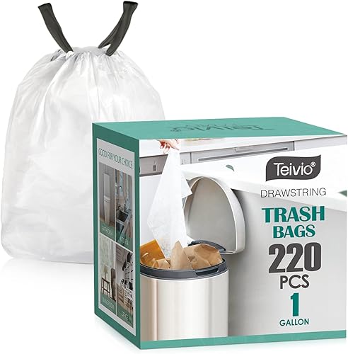 Teivio - Bolsas de basura de 1 galón, 220 unidades, con cordón, se adaptan a cubos de basura pequeños de 3 a 4 litros, para el hogar, oficina, baño,
