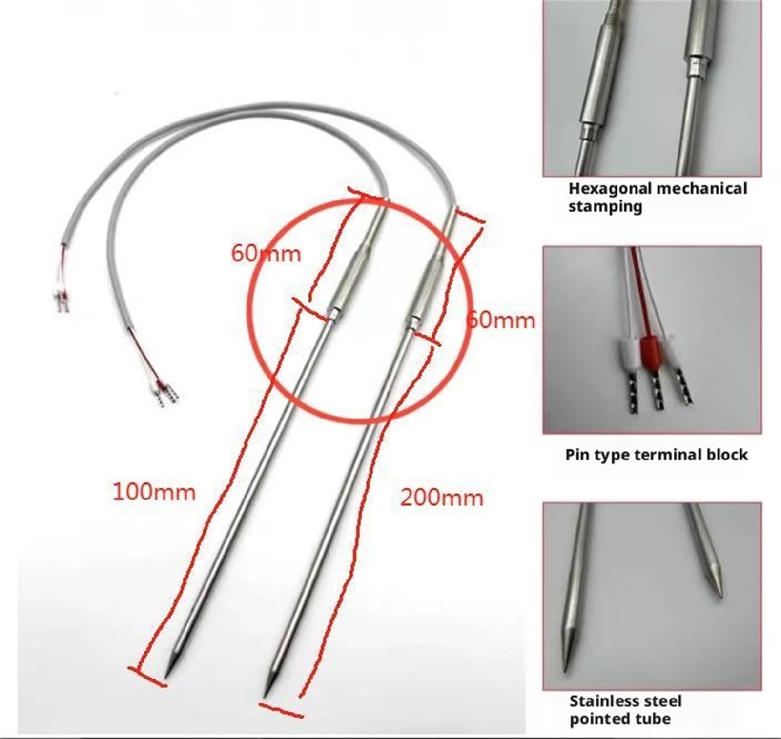 NTCPT100PT1000 Clase A Sensor de Temperatura 4X100mm Cable con Punta de Aguja Cable blindado 1-8m Metro(PT100-4X200mm-10m)