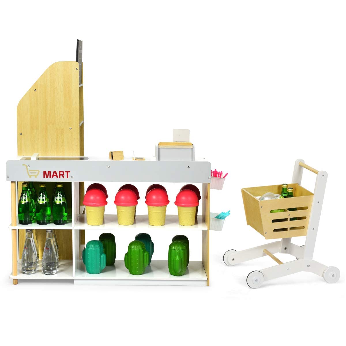 GYMAX Negozio Giocattolo per Bambini, Bancarella Mercato Giocattolo in Legno, con Carrello della Spesa, Supermercato Giocattolo Scanner, Pos, Carta di Credito e Monete di Legno, 90 x 62 x 111 cm