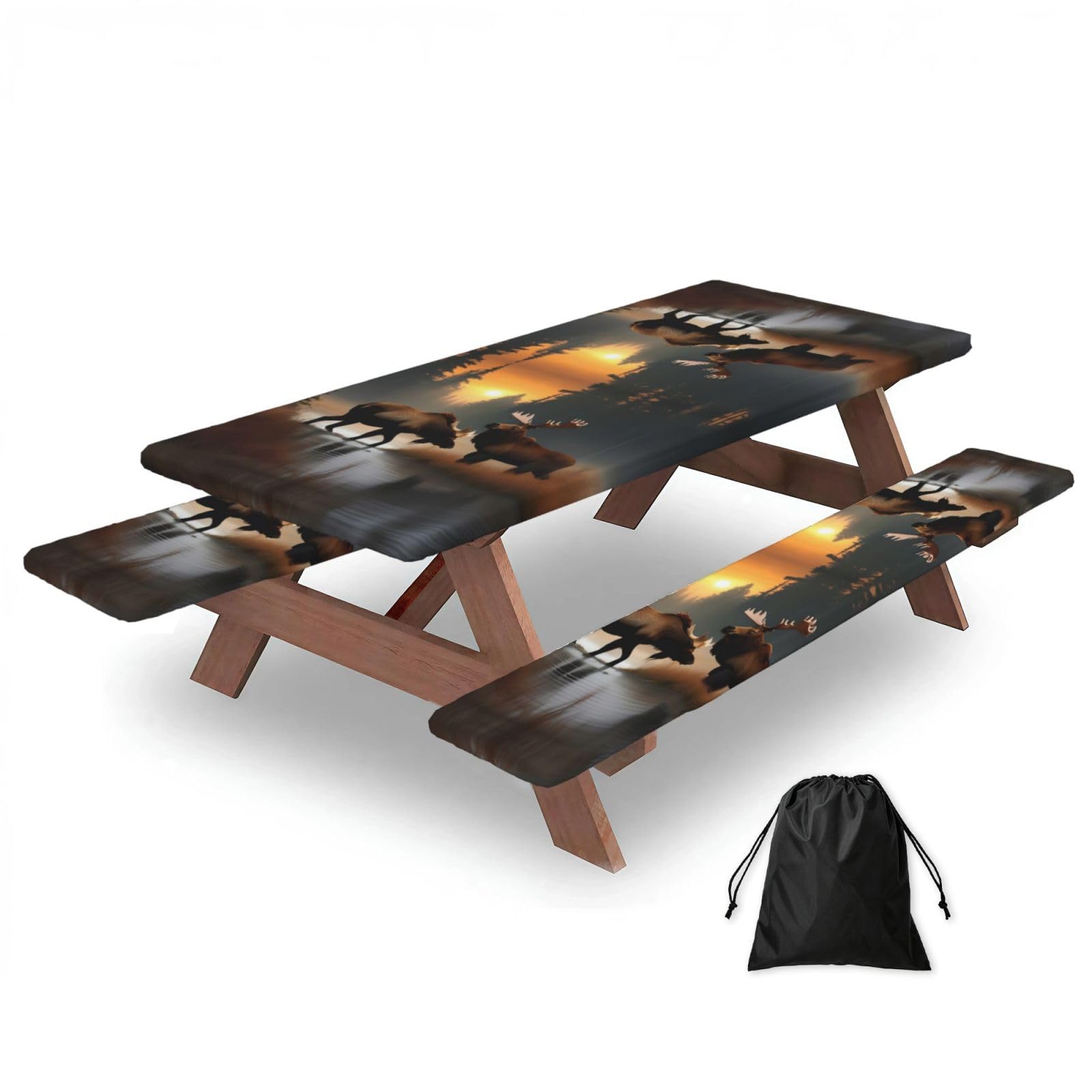 Deer Bear Moose Print 3 Pack Wipeable Picnic Bench Cover And Table Cover Lightweight Table Cloth For Camping Outdoor