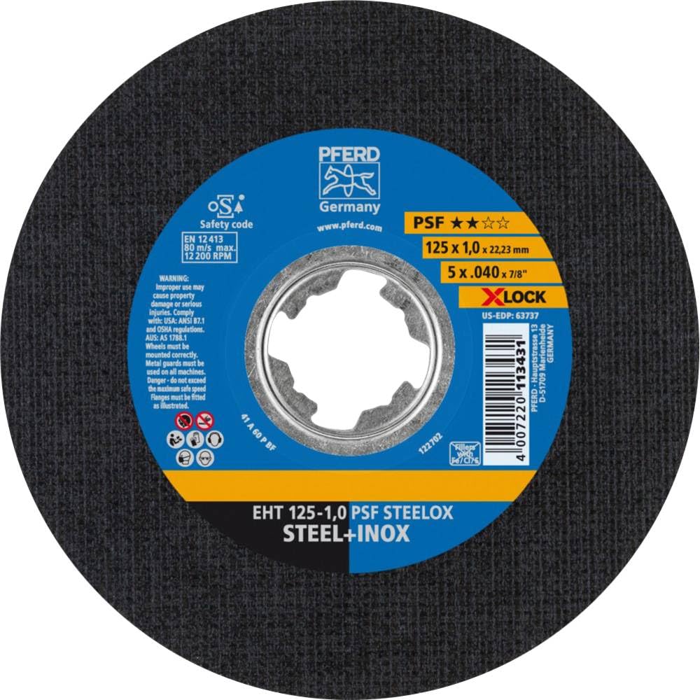 PFERD Lot de 25 disques à tronçonner, 125 x 1,0 mm, droits, X-LOCK (22,23 mm), PSF STEELOX, 61721101 - Pour un changement d'outil rapide et confortable