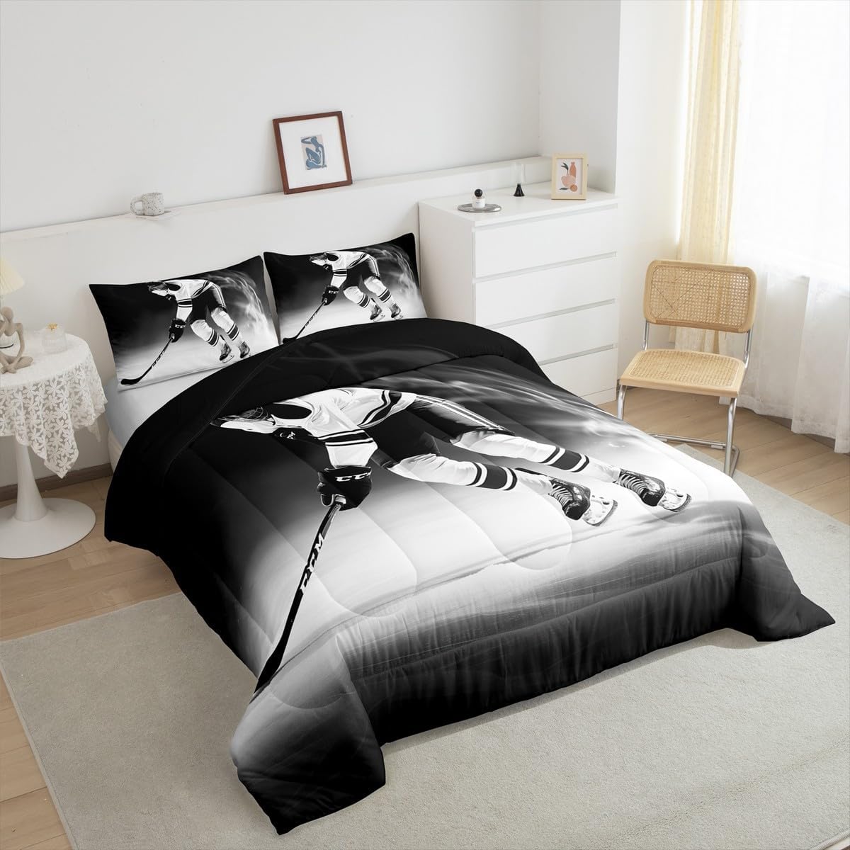 Ice Hockey Queen Comforter Set Gifts for Boys,Pucks Winter Sports Games Themed Bedding,Hockey Player Down Comforter,Hobby Activity Competitive Games Quilt Retro Vintage Room Decor Black Grey