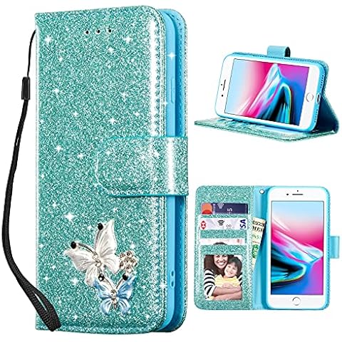 UEEBAI Wallet Case for iPhone 7 Plus/iPhone 8 Plus, Premium Sparkly Glitter PU Leather Phone Case Card Slots Kickstand Case Magnetic Closure Bling Case Shiny Flip Cover with Wrist Strap - Mint Green Cover