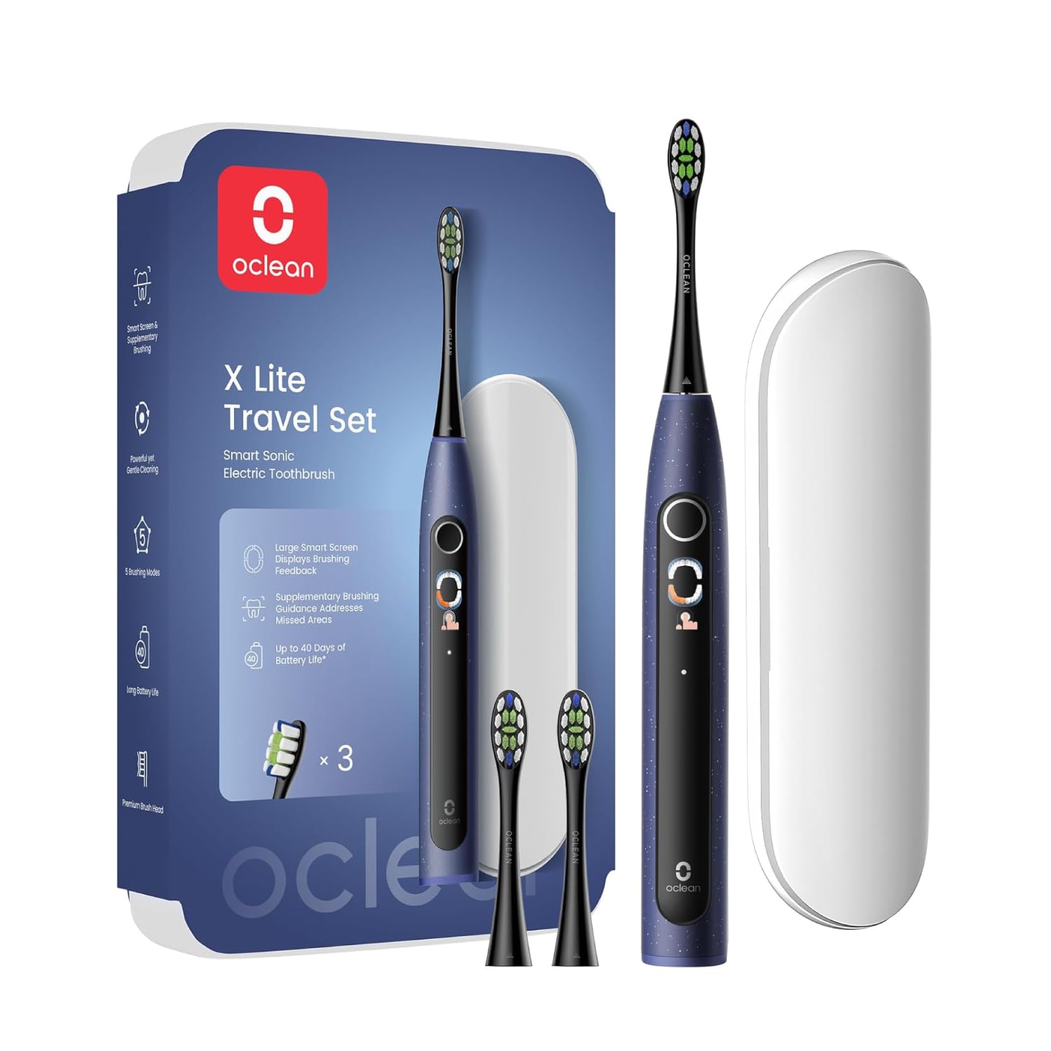 Oclean X Lite Brosse à Dents Électrique, 3 Brosettes, 5 Modes et Autonomie de 40 Jours, Brosse à Dents Électrique Sonique, Ideal pour Voyage, Étui de Voyage, Bleu Set