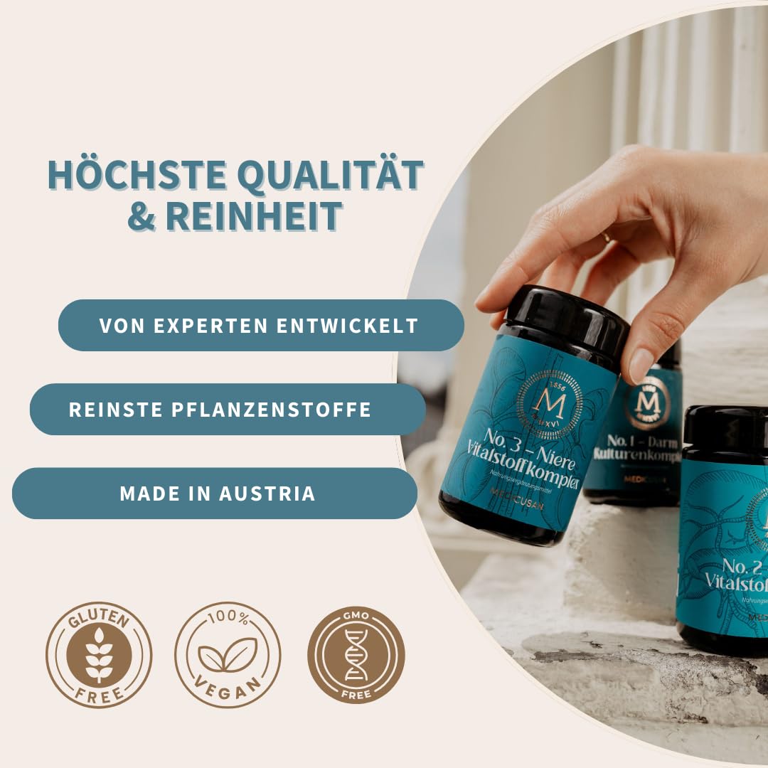 No.3 Niere – 1.200mg Goldrute – 1.200mg Zinnkraut – 1.500mg Brennnessel – 150mg Wacholderbeeren, Birkenblatt – 400mg Echte Bärentraube, Kapuzinerkresse – 2Kapseln/Tag – 60Kapseln/30Tage