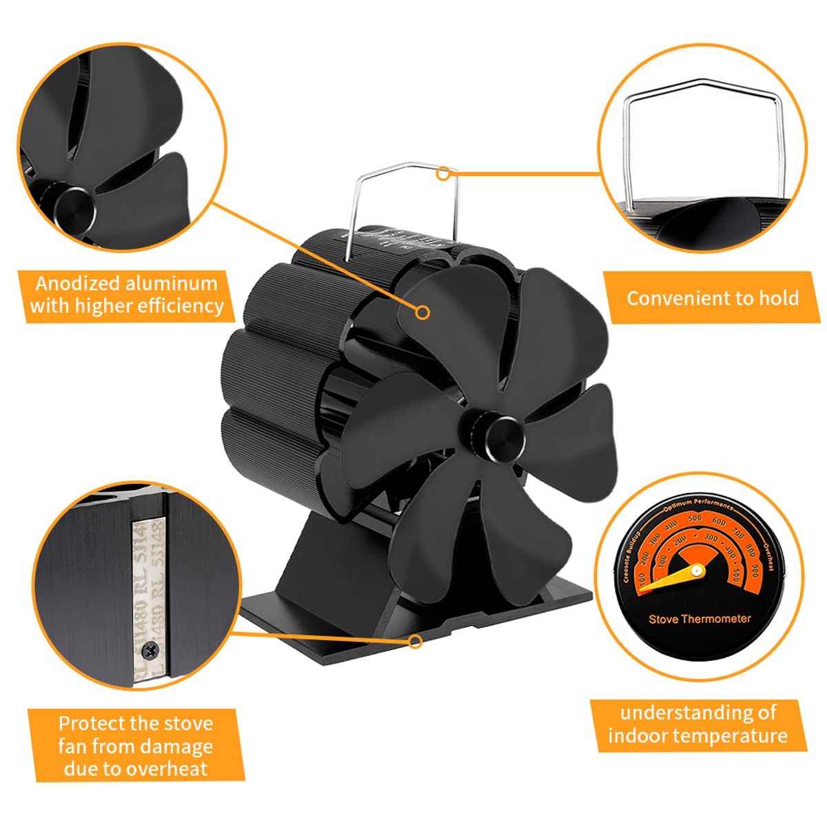 Mini Ventilador de Estufa de 6 aspas, Ventilador de Quemador de leña con termómetro, circulación de Calor/Funcionamiento silencioso, Ventilador ecológico para Estufa de leña, Quemador de leña