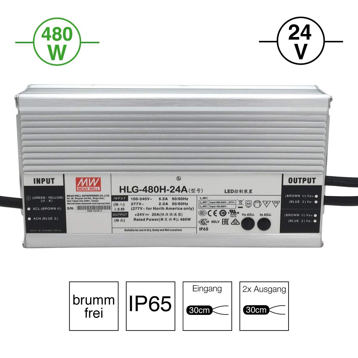 MEAN WELL HLG-480H-24A: Mean Well LED-Netzteil 480 W, 24 V, IP65, Spannung und Strom einstellbar 24 V, 480 W