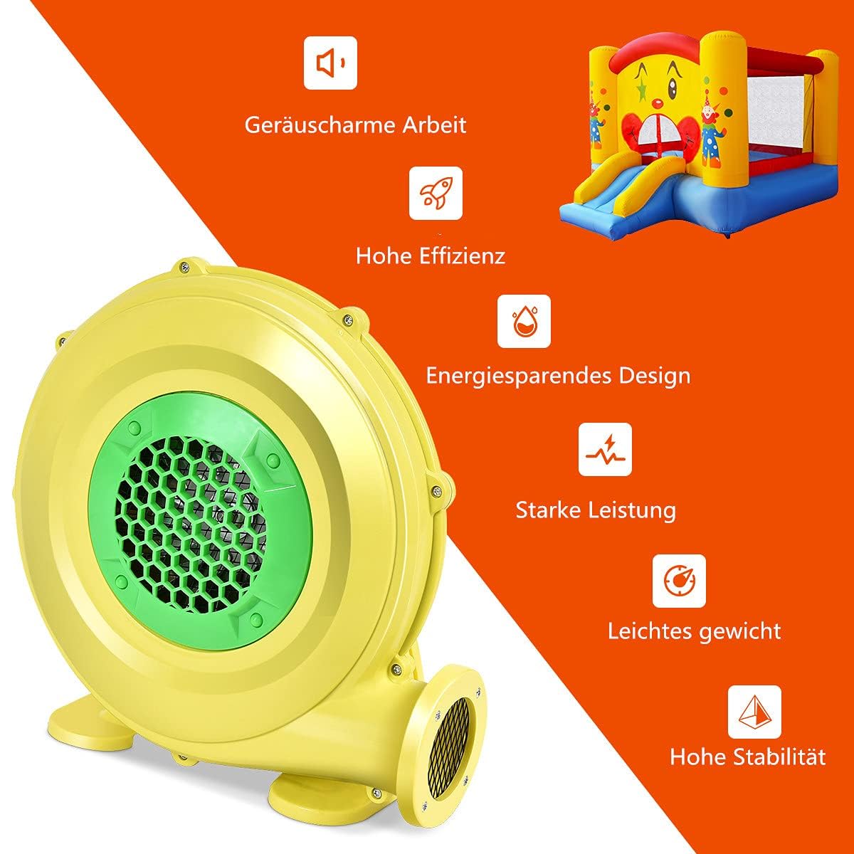 RELAX4LIFE Soplador de Aire 350/450/680 W, 220-240 V, Soplador Eléctrico con Gran Base, Ventilador Eléctrico con Cable de Alimentación 380cm para Castillo Hinchable (580 m³/h, 1500 Pa 350 W)