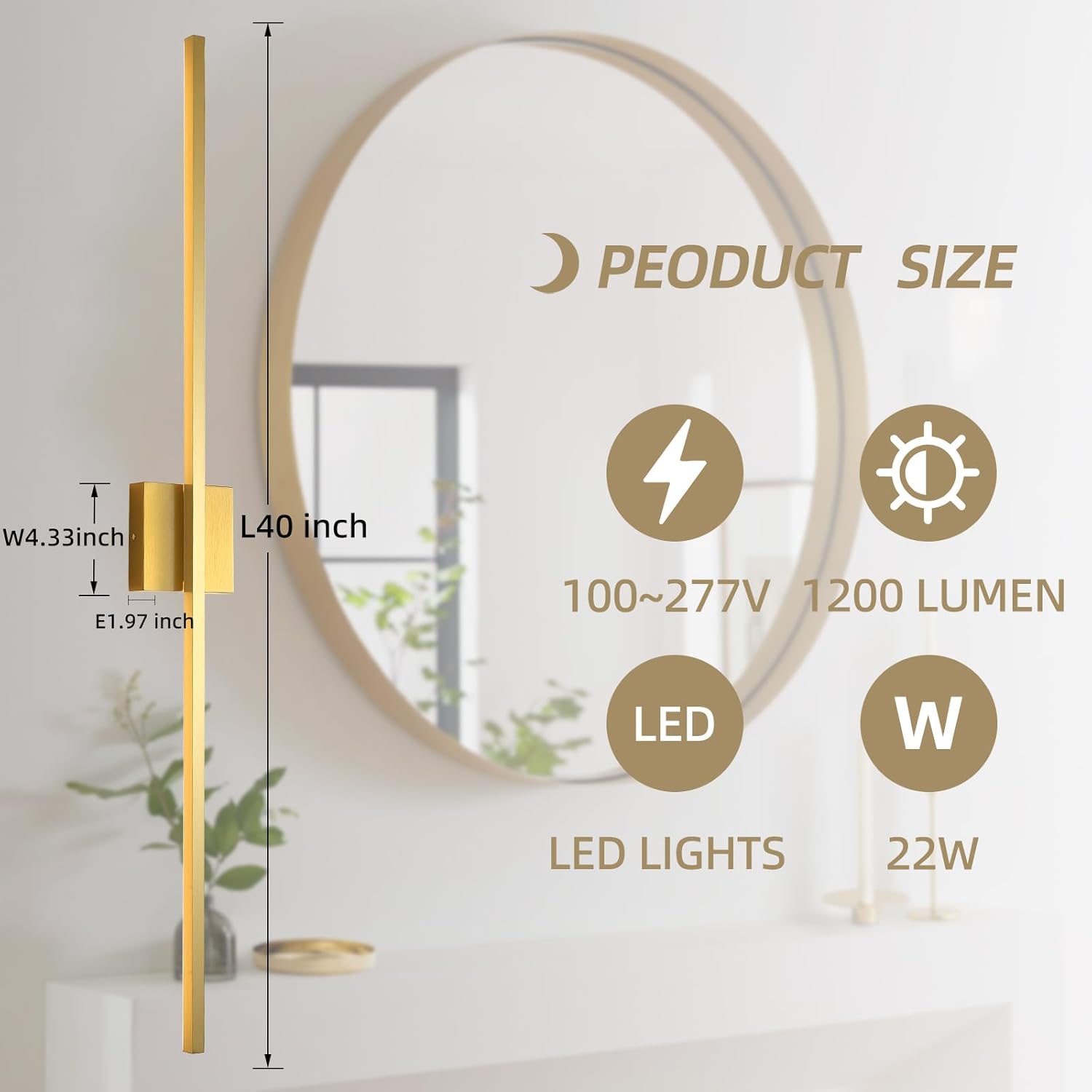 Wall Sconces Set of Two, LED Dimmable Sconces Wall Lighting, Brushed Gold Modern Wall Sconce Light for Bathroom, Living Room, Bedroom, Hardwied 3000K 40''