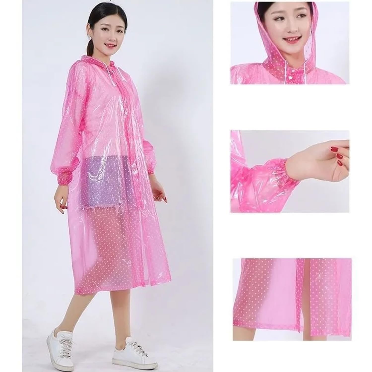 HACER PVC Raincoat Transparent Hooded Water Resistant Rain Jacket with Sleeves for Women Men Camping Rainy Season Travel - Pink-picture-38