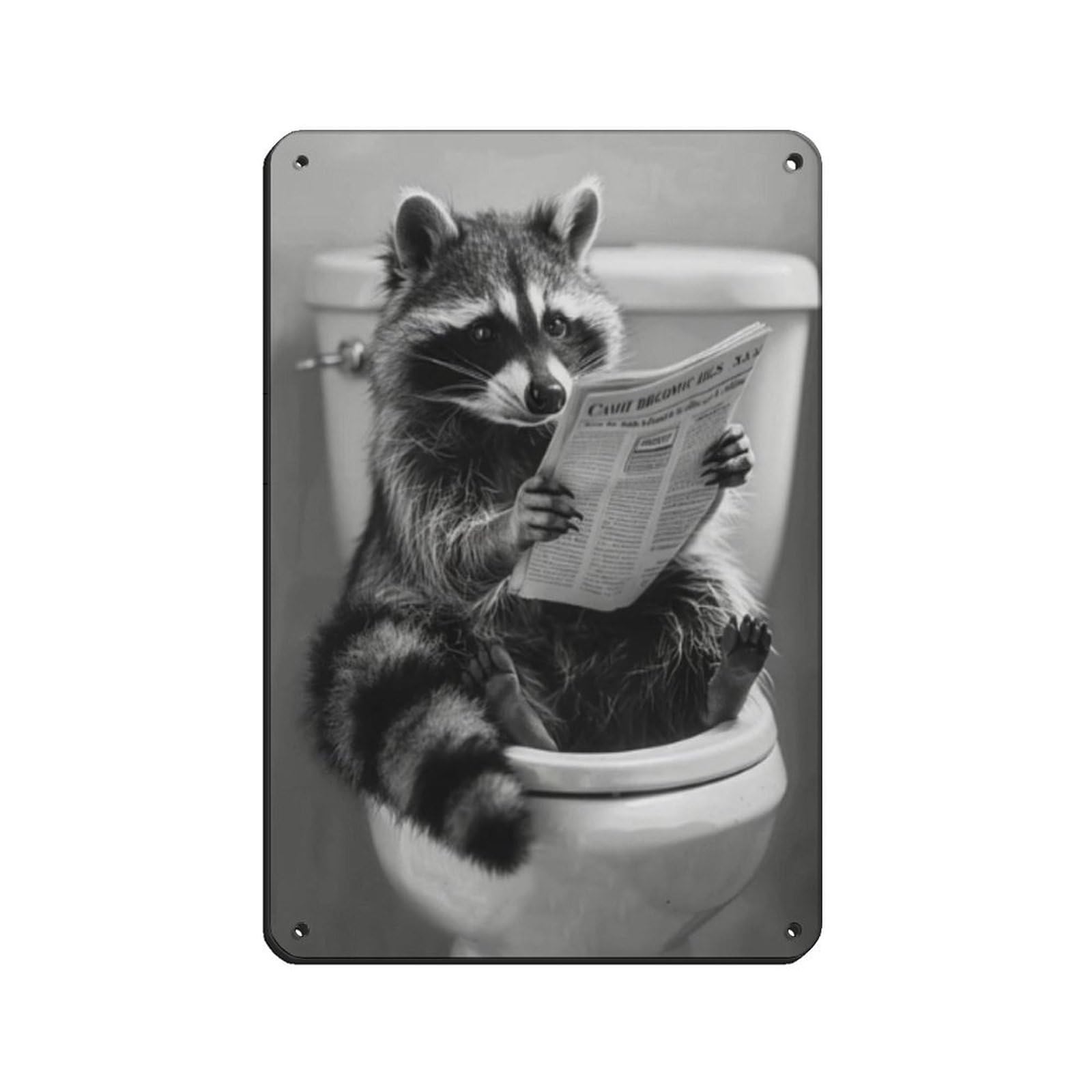 Raccoon Sitting on The Toilet Reading A Newspaper Retro Poster Metal Tin Sign Chic Art Retro Iron Painting Bar People Cave Cafe Family Garage Poster Wall Decoration 8x12inch(20x30cm)