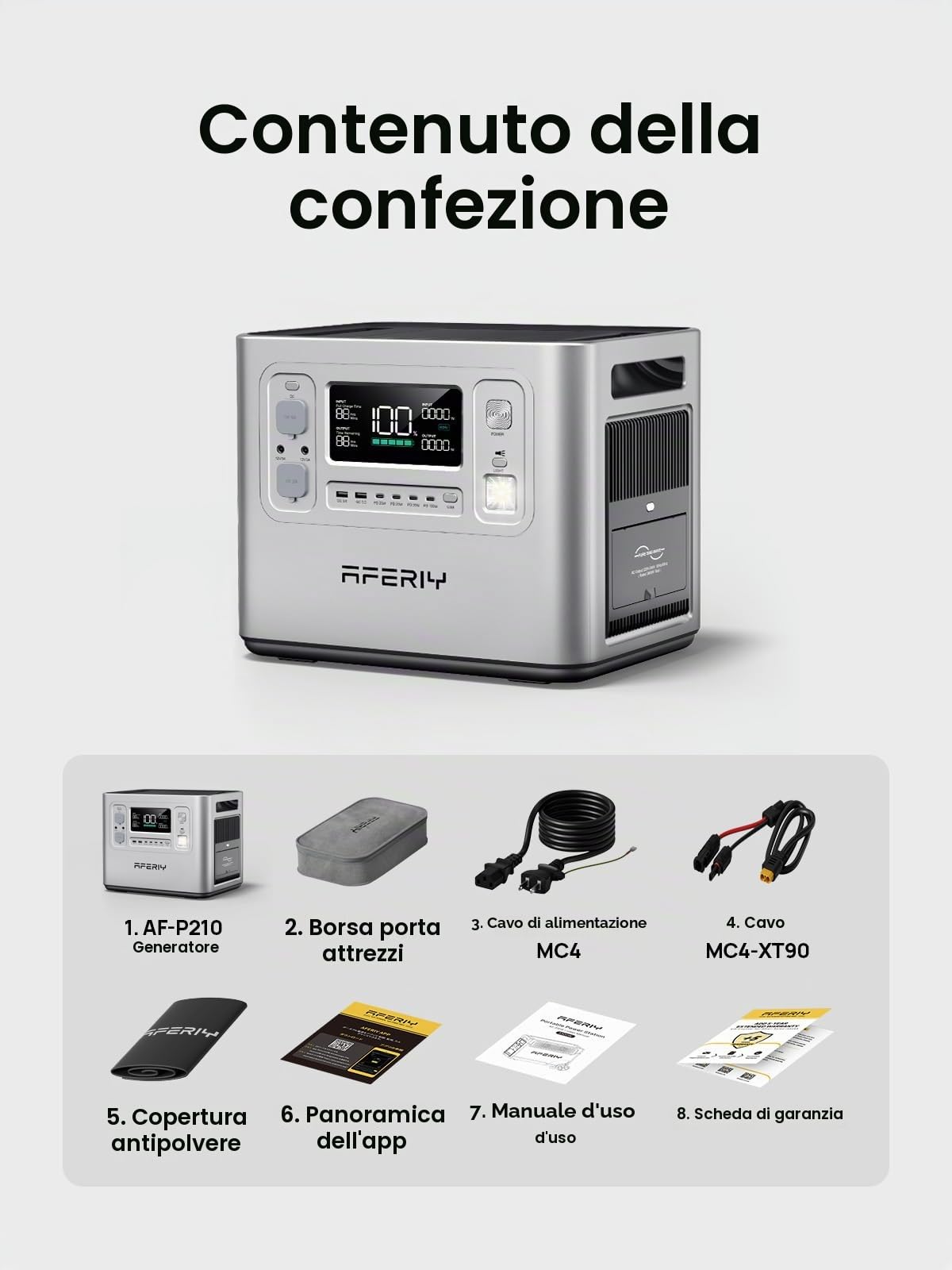 AFERIY Generatore Elettrico Portatile 2400 W, Batteria Nomade LiFePO4 2048 Wh, Ricarica In 1,5 H, Presa Ue 220-240 V, Funzione Ups, Generatore Solare Per Campeggio, Casa, Ufficio, Argento