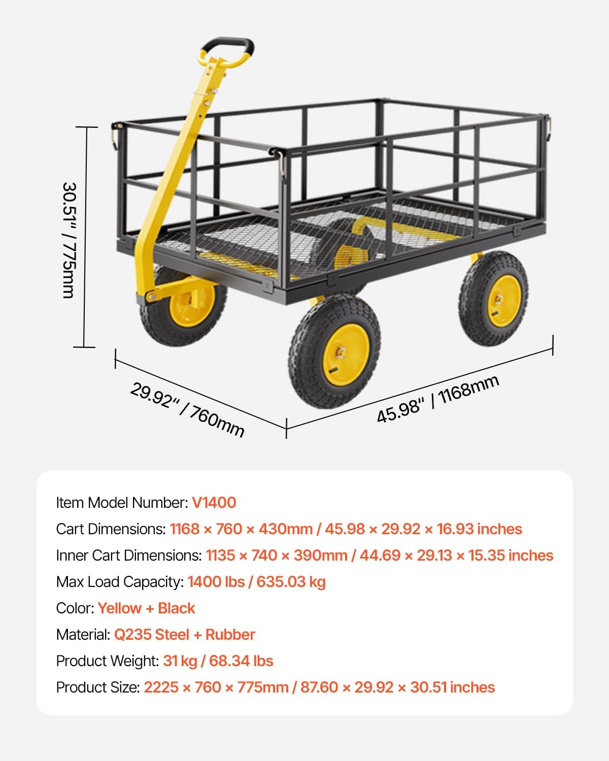 Diagram with dimensions of the VEVOR 1400 Lbs garden cart, including overall and inner cart dimensions, max load capacity, material, color, product weight, and product size