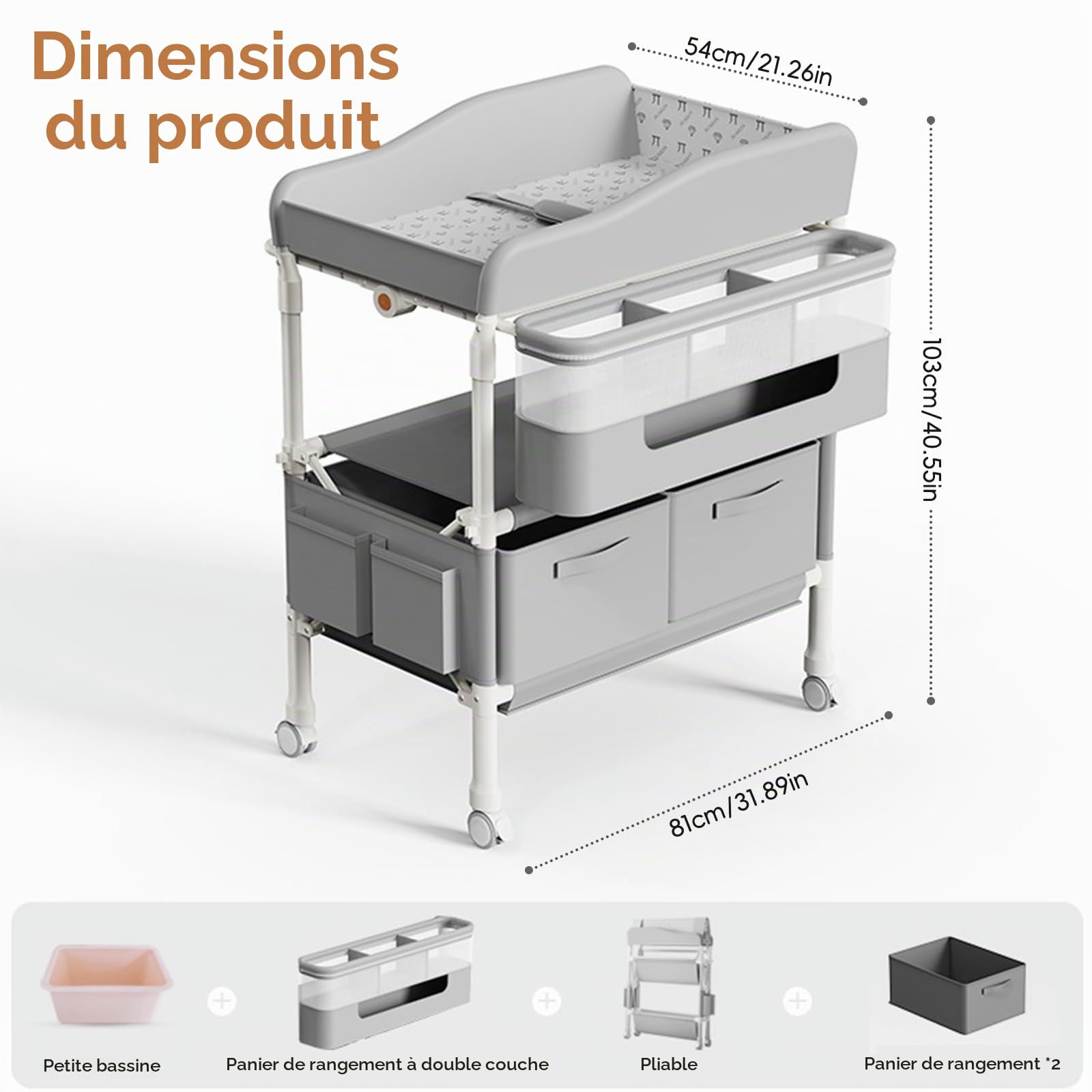 Table à Langer Pliable, Table a Langer Bebe avec Panier de Rangement,Organiseur de Couches 5 Réglable en Hauteur et 4 roues avec frein, pour Chambres d'enfant, 81x54x103cm, Charge Max 65KG