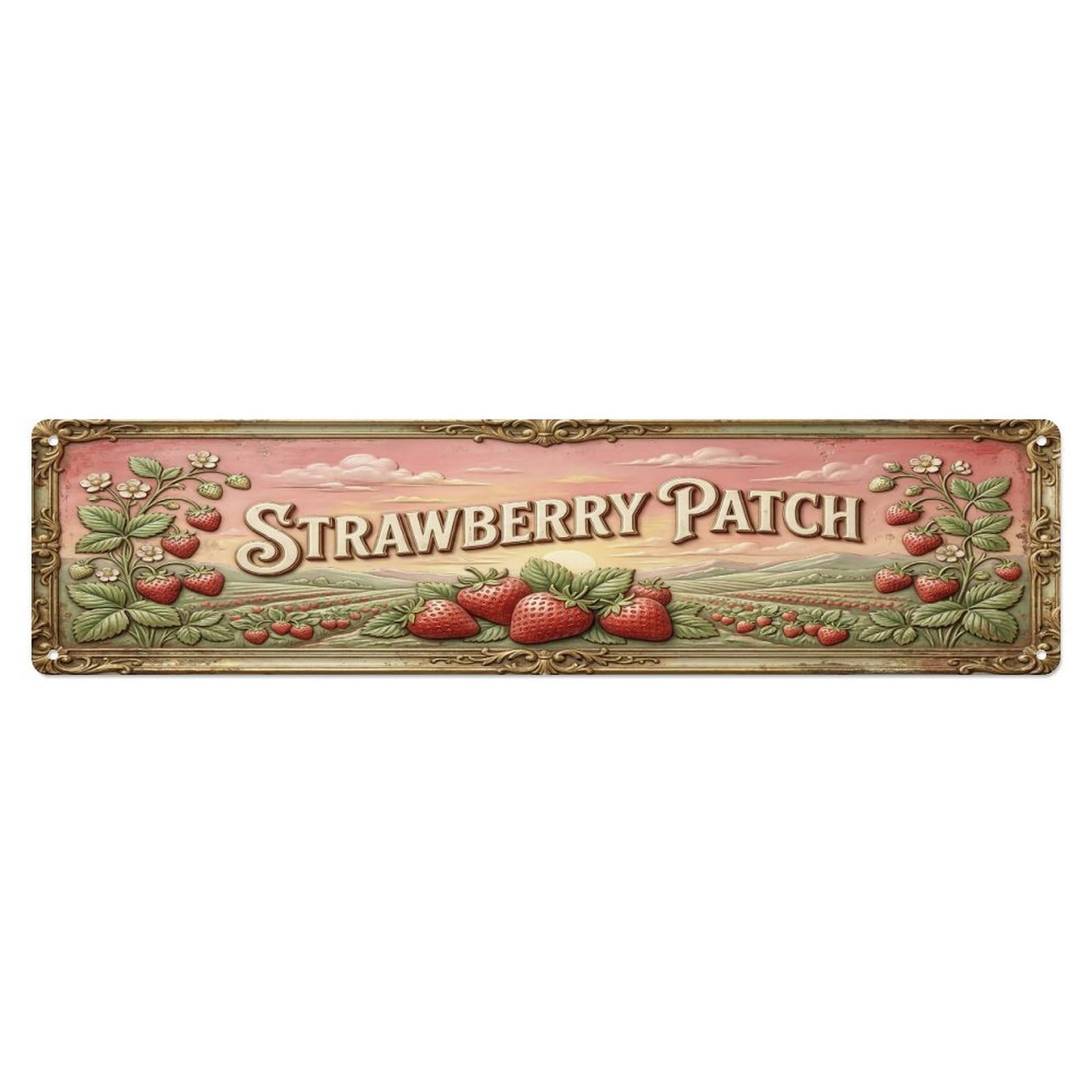 Olhnbad 4X16inch(10X40cm) Vintage Cottagecore Garden Strawberry Patch Relief Metal Tin Sign