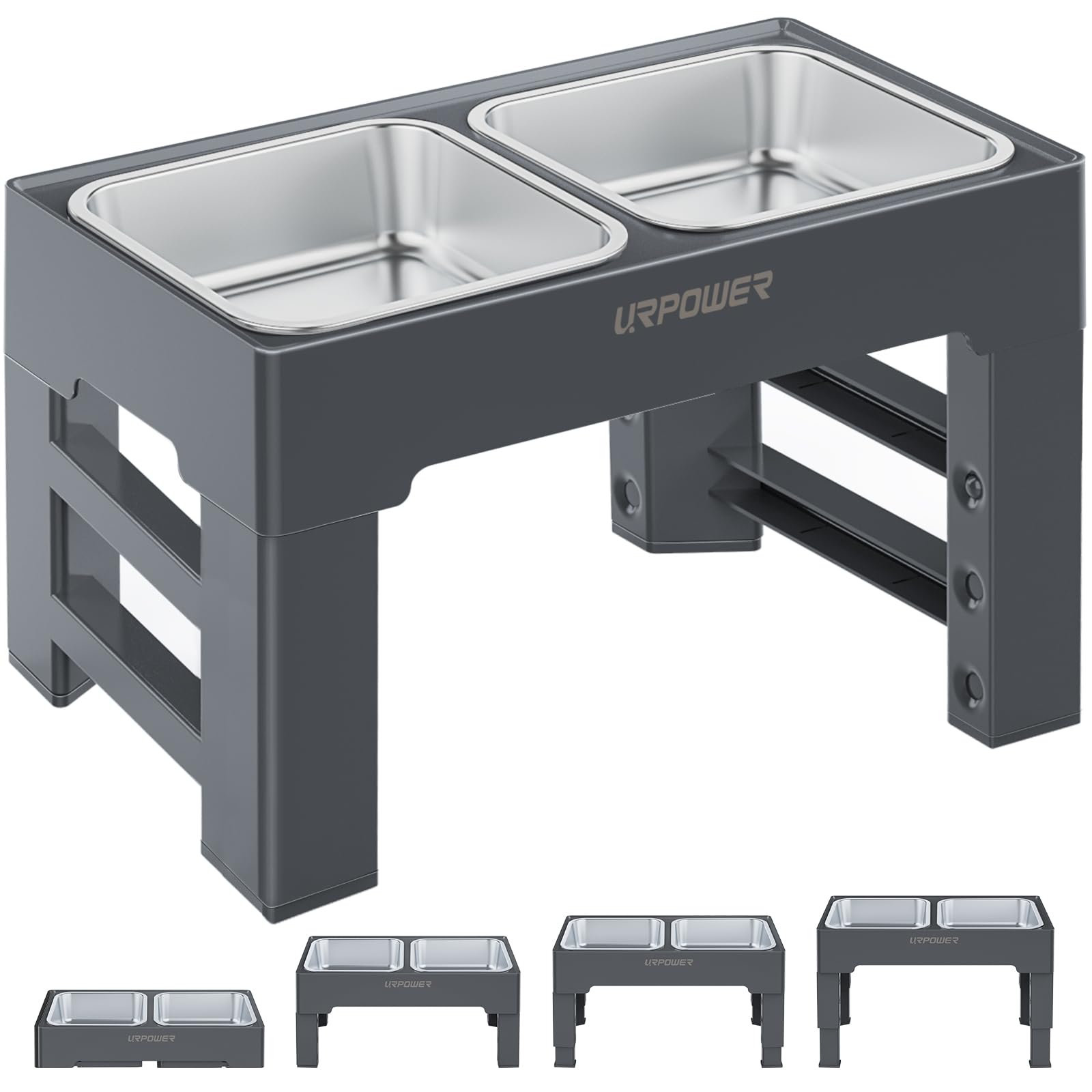 URPOWER Elevated Dog Bowls 4 Height Adjustable Raised Dog Bowl with 2 Large Capacity Stainless Steel Dog Food Bowls and Dog Water Bowl Non-Slip Dog Bowl Stand for Small Medium Large Dogs and Pets