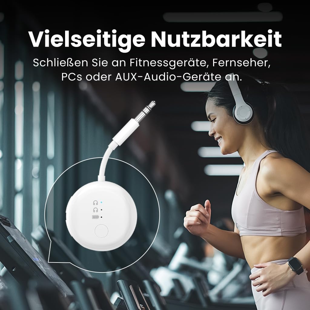 Avantree SoundJet R1 Weiß & Metallic Schwarz, Bluetooth Adapter Flugzeug für Kopfhörer & AirPods, aptX Adaptive, Qualcomm-Chipset, 20 Std. Akkulaufzeit, Kabelloser Audio Transmitter für Reisen