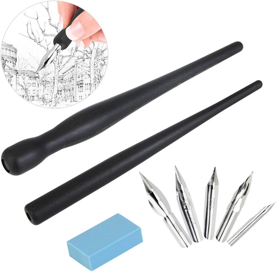 Manga Pen Cartoon Comic Pen Comic Dip Pen Set Nib Drawing Tools with 2 Black Pen Holders 5 Nibs 1 Drawing Eraser for Calligraphy Lettering Sketch Cartoonists Artists