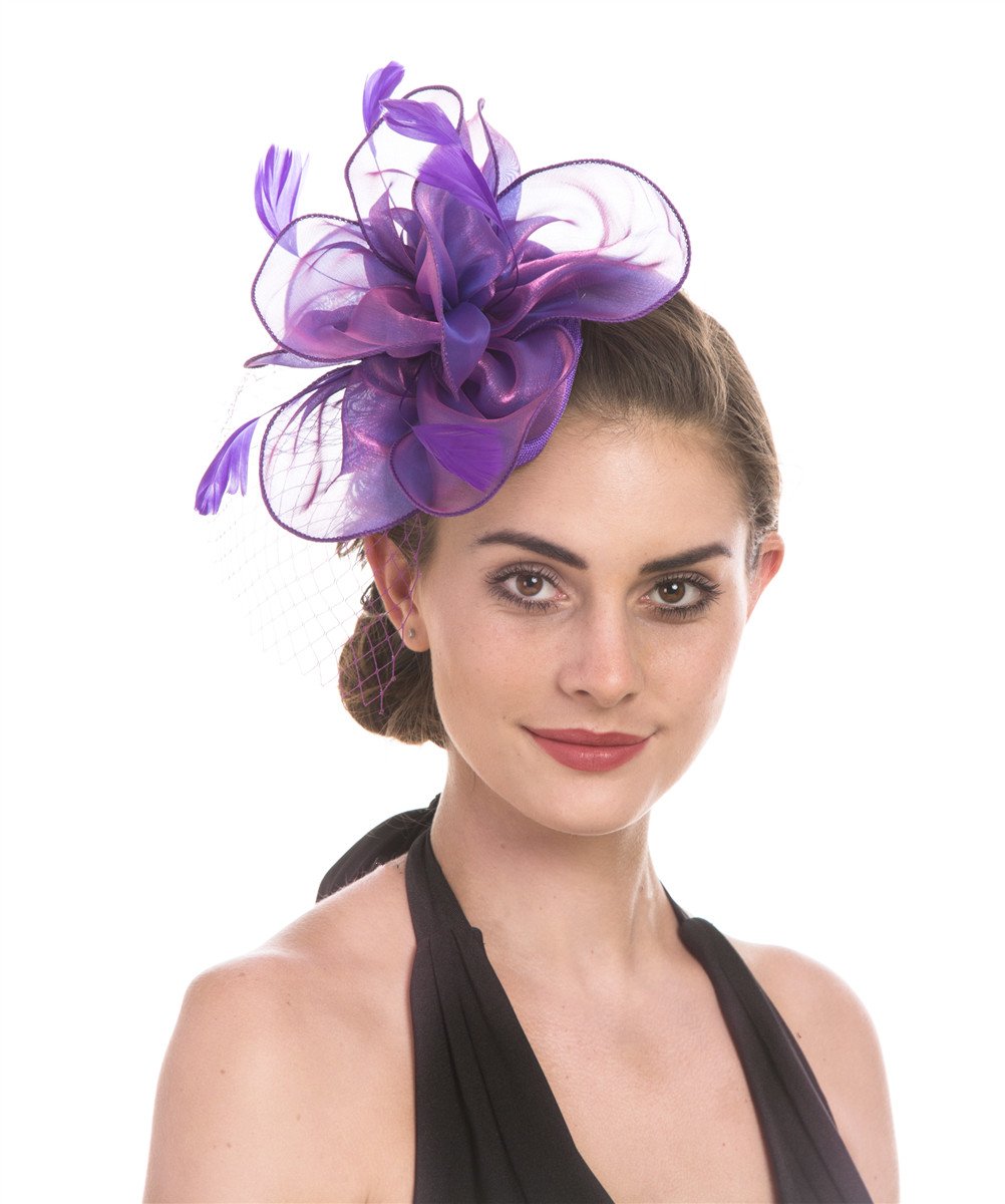 Haojing Fascinators Wedding Chapeau Cocktail Tea Party Royal Ascot Chapeaux Flower Mesh Rubans Plumes sur Un Bandeau et Un Clip de Pelle pour Les Filles et Les Femmes