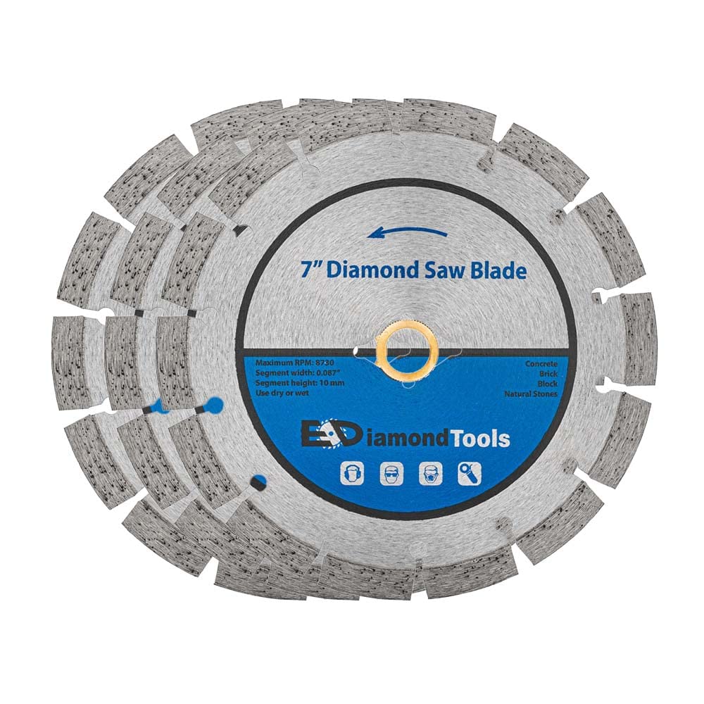 7" Segmented Diamond Saw Blade for Concrete, Brick, Block and Masonry, 10mm Segment Height, 7/8" Bushing w/Diamond Arbor, 3-Pack