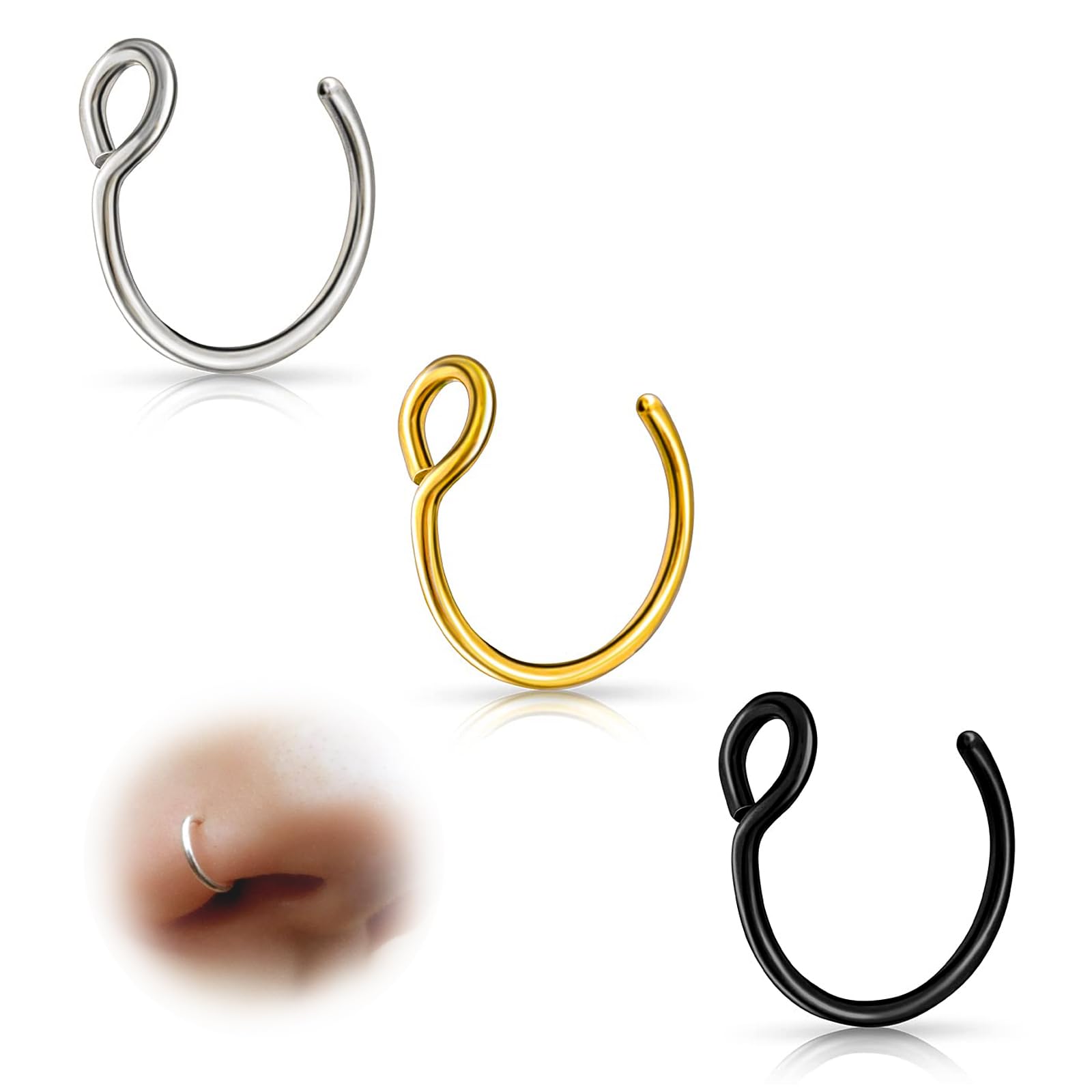ESHIONER G23 Titan Fake Nasenpiercing Nasenring Septum Fake Nasen Piercing Hoop Set Knorpel Dünn Klein Helix Hypoallergen 18G 20G 8MM Schwarz Gold Silber 3PCS Fake Nase piercing Schmuck Damen