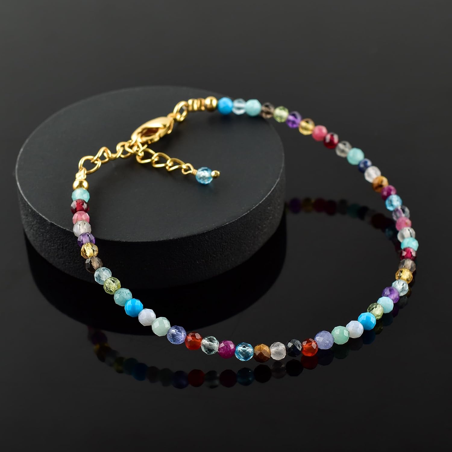 Natural Gemstone Micro Beads Dainty Bracelet Jewelry for Women, Birthstone, Chakra Energy Crystals, 14k Gold Plated Chain 8 inch Adjustable