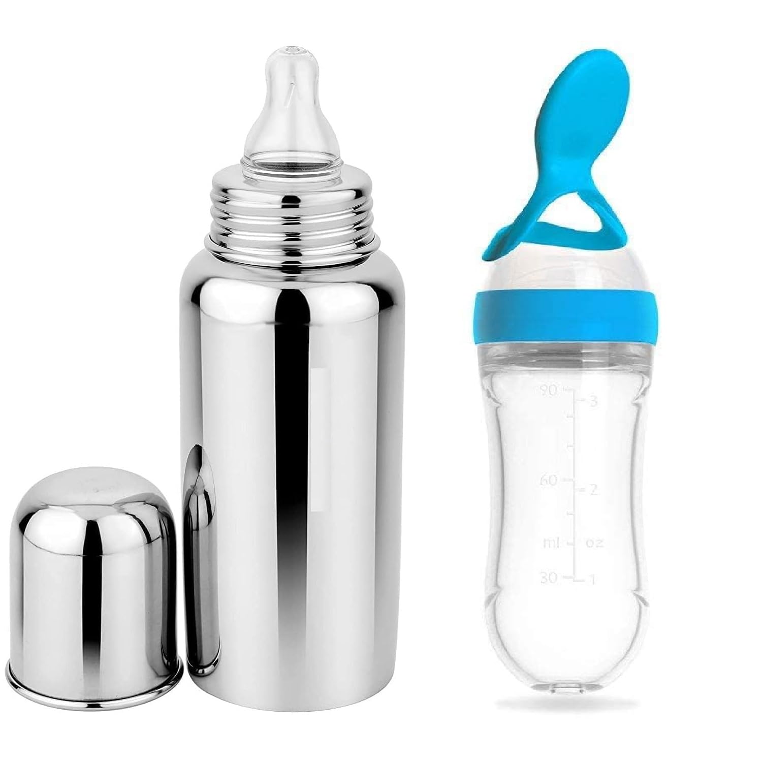 Drisona Baby Premium Steel Bottle For Milk Feeding & Blue Silicone Squeezy Spoon Bottle For Food Feeder Bpa Free, 304 Grade Soft Silicone Pacifier For Infants Newborns Of 0-2 Yrs (Pack Of-2), 240 Ml