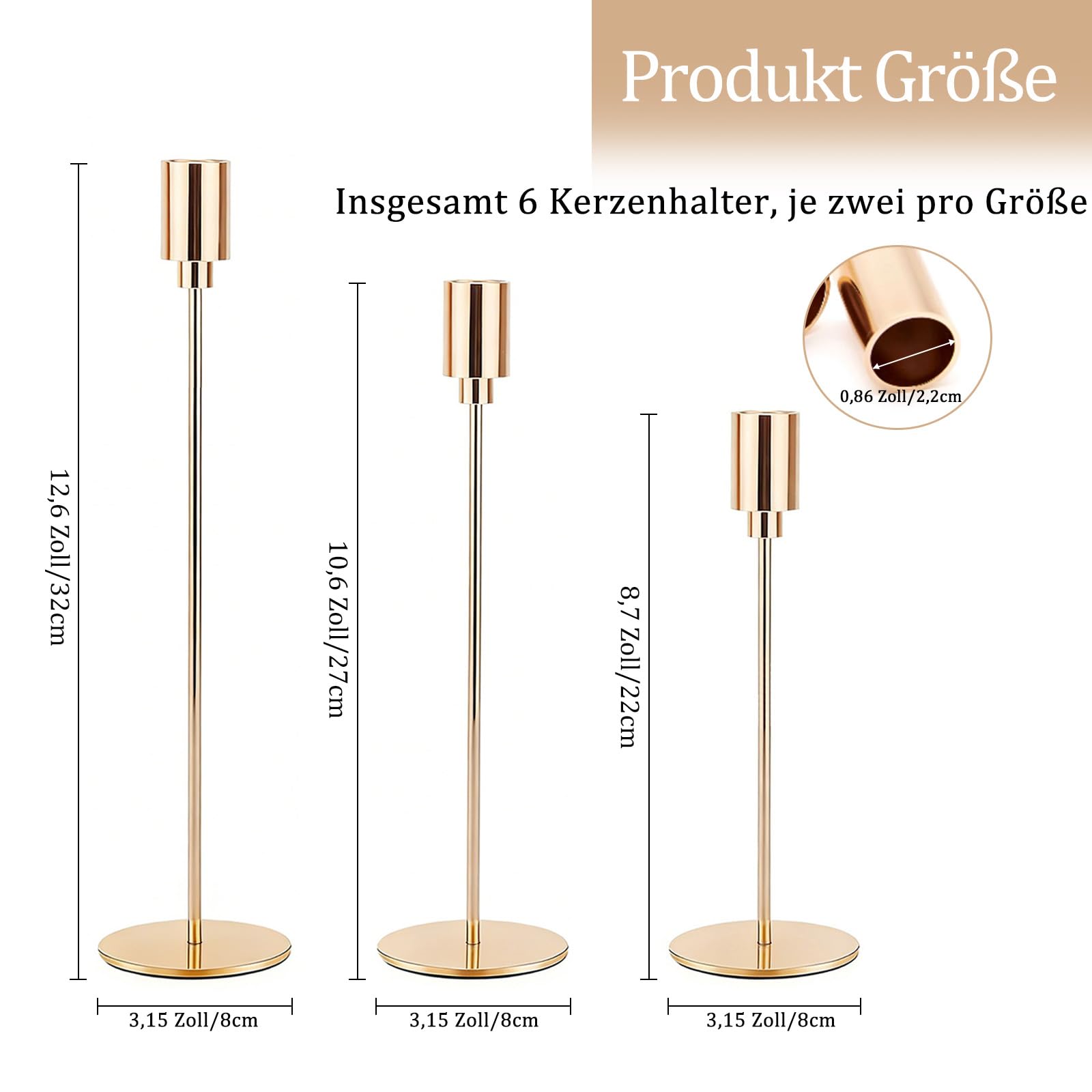 Gold Kerzenhalter Set 6, Kandelaber Stabkerzen 32/27/22CM, Dekorativer Vintage-Kerzenhalter aus Metall für Kaminsimse, Hochzeiten, Abendessen, Geburtstage, Tischmitte, Wohnkultur