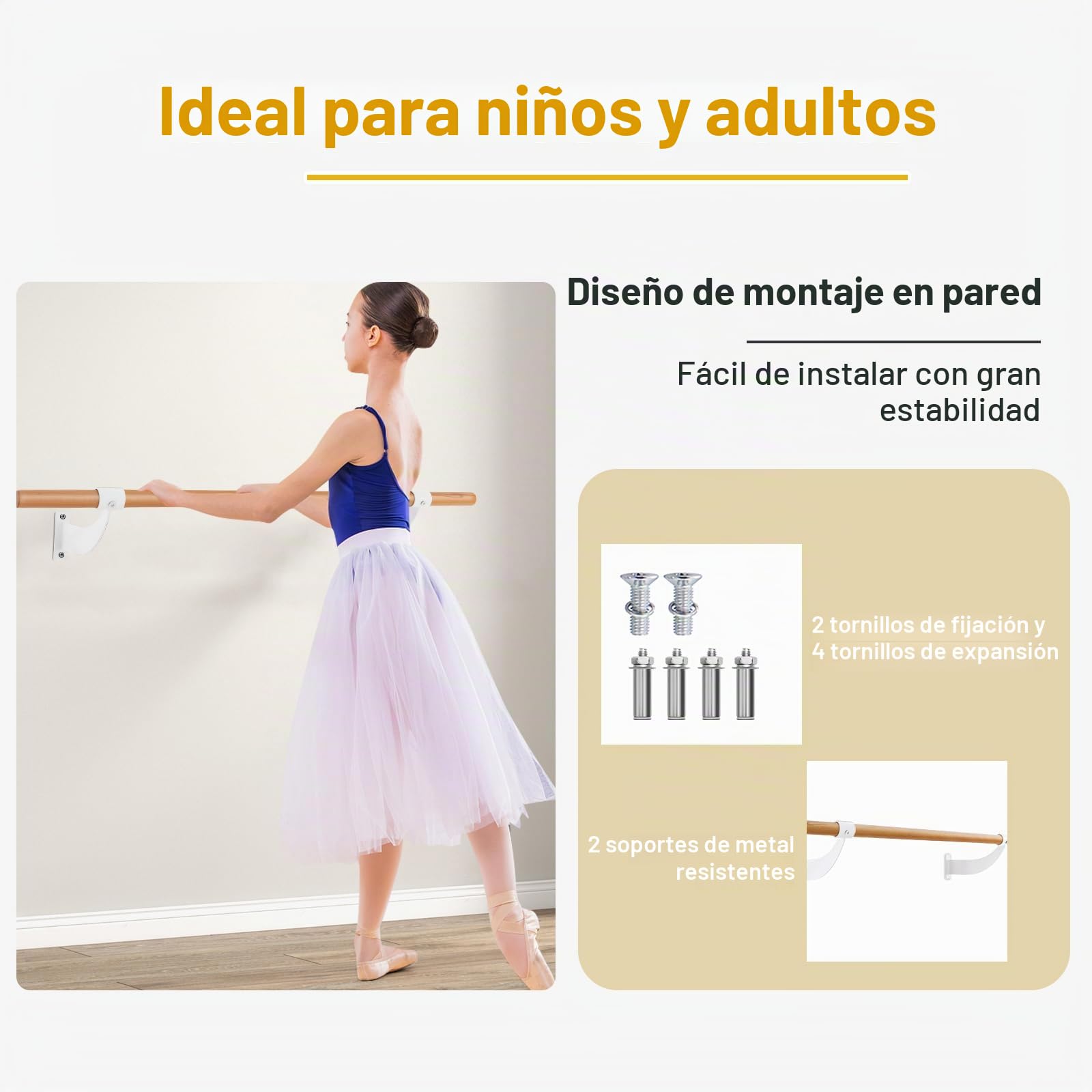 KOMFOTTEU Barra de Baile de Pared, Barra de Ballet de Madera de Haya, Barra de Danza Clásica de 38 mm de Diámetro, para Yoga, Estiramiento, Estudio, Niños y Adultos