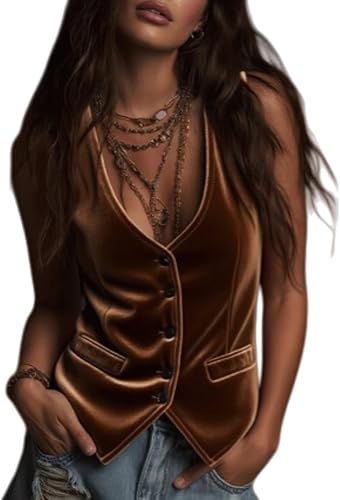 Retro Bohemian Bright Pink Velvet Vest,Women's Button Retro V-Neck Sleeveless Solid,Formal Suit(Coffee,Small)