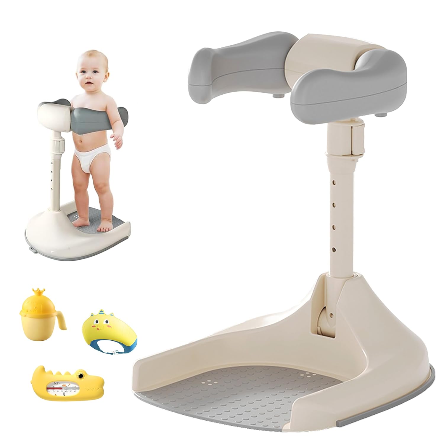 Baby Shower Stand, Ergonomic Baby Standing Bath Support with Anti-Slip Base, Adjustable Toddler Shower Stand with Backrest Foldable Bath Tower Shower for Toddlers