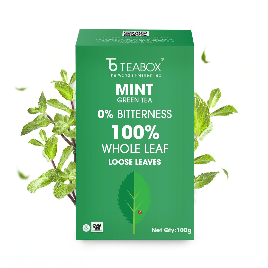 Teabox Mint Green Tea For Feeling Refreshed, Made with 100% Whole Leaf & Natural Flavors Brew Hot or Cold, 100 grams, Light Green