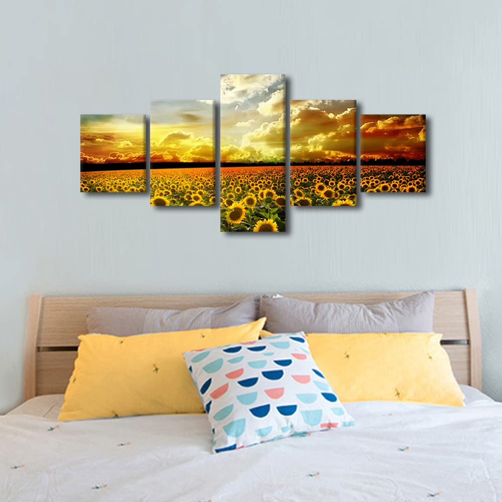 TISHIRON 5 Piece Canvas Wall Art Sunflowers Pictures for Bedroom Flower Fields under the Sunset Wall Paintings Modern Décor Artwork for Living Room Framed Ready to Hang(50" Wx24 H) - Image 3