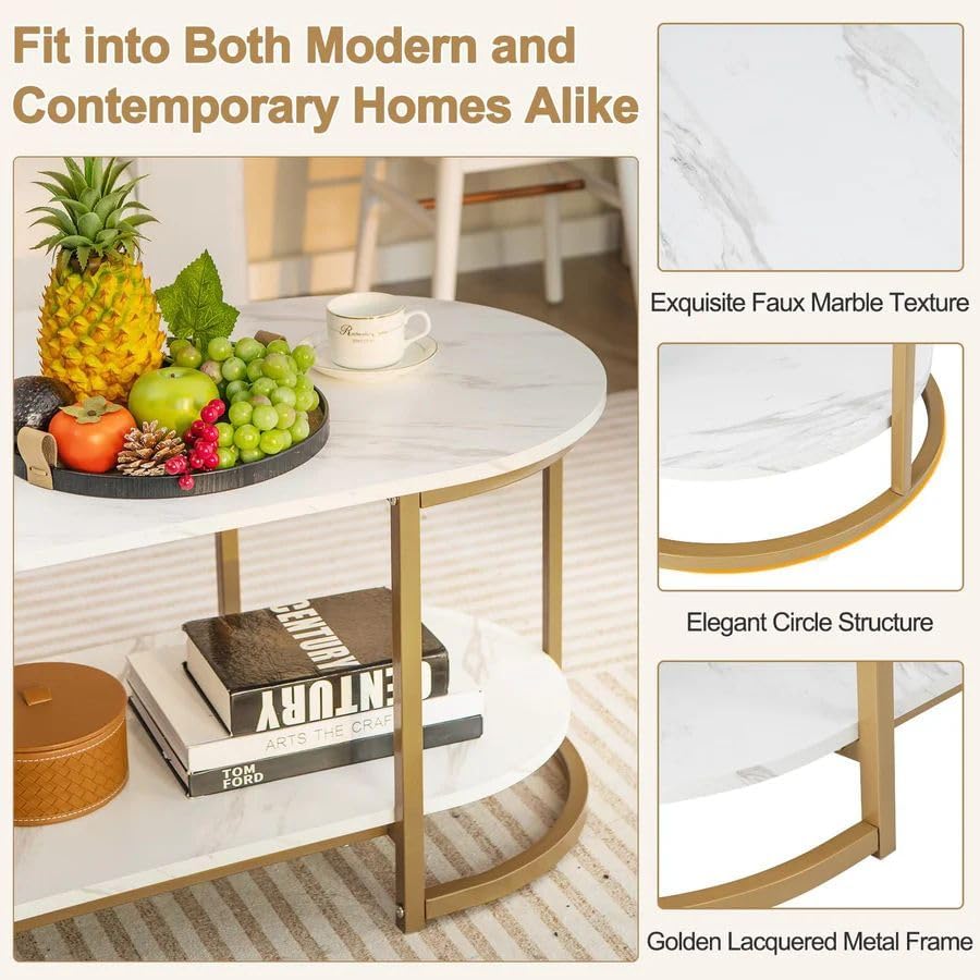Image of Shoppee Modern 2-Tier Center Table with Engineered Wooden Top & Gold Metal Frame, Cocktail Sofa Table Living Room, Elegant Coffee Table - for Home, Office, Dining (Black & Black)