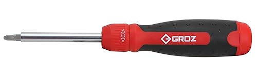 Groz 33713 Destornillador - Trinquete, con cartucho retráctil, completo con 14 puntas de cambio - Rojo