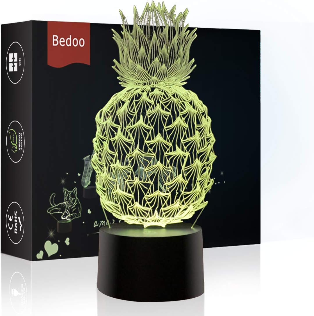 Bedoo 3D Night Lights for Kids Cool 16 Color Changing Dimmable Lighting, Pineapple Lamp Touch USB Charge Table Desk Bedroom Decoration