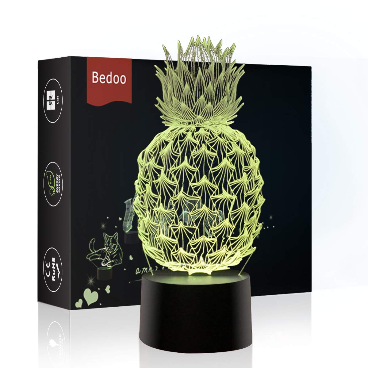 Bedoo 3D Night Lights for Kids Cool 16 Color Changing Dimmable Lighting, Pineapple Lamp Touch USB Charge Table Desk Bedroom Decoration