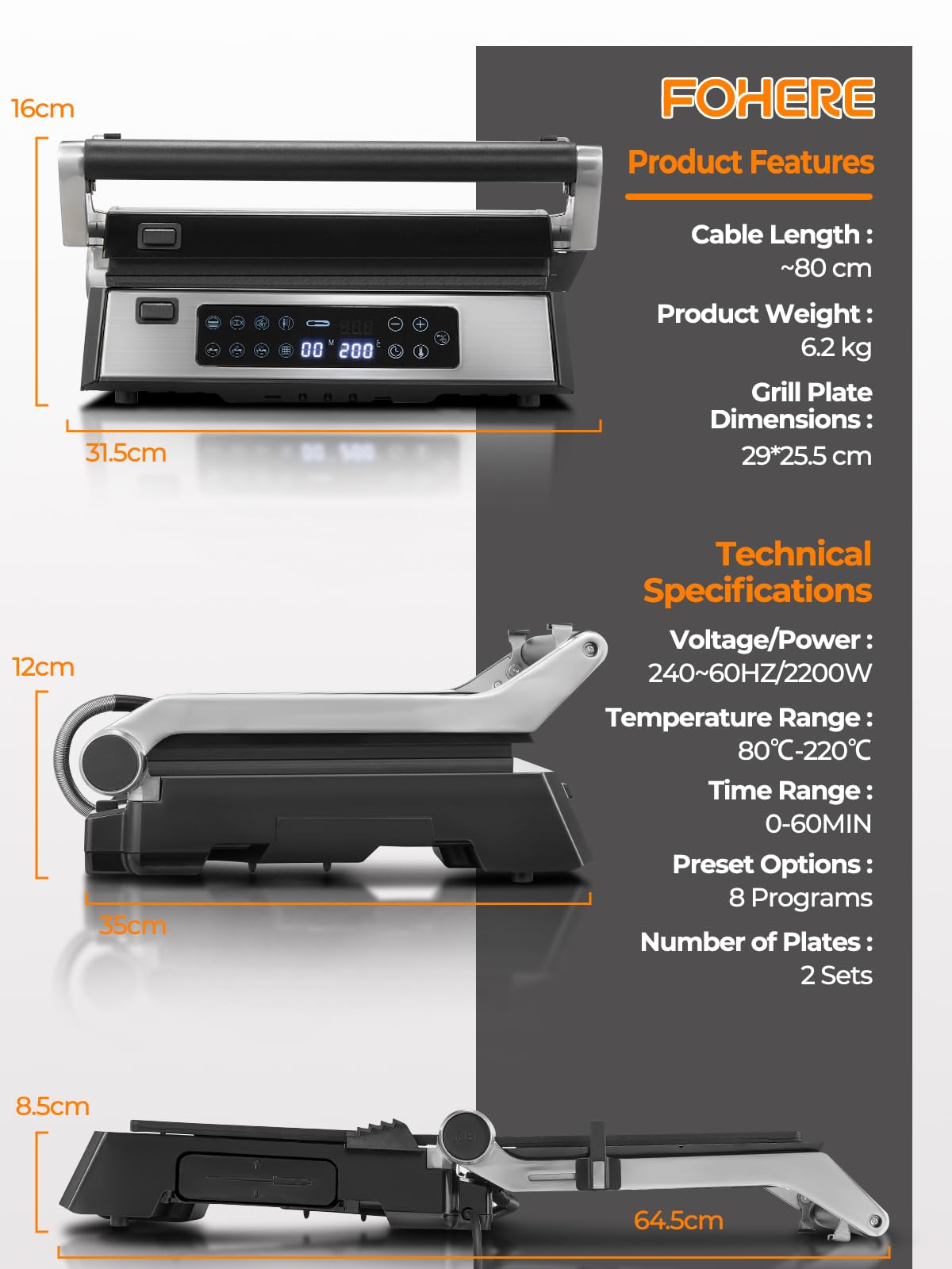FOHERE Griglia Multifunzione, Piastra per Panini/Waffle Maker/Sandwich Maker 4 in 1, XL Piastre Antiaderenti Rimovibili 29 x 26 cm, Tempo e Temperatura Individuali, Display a LED, 2200 W