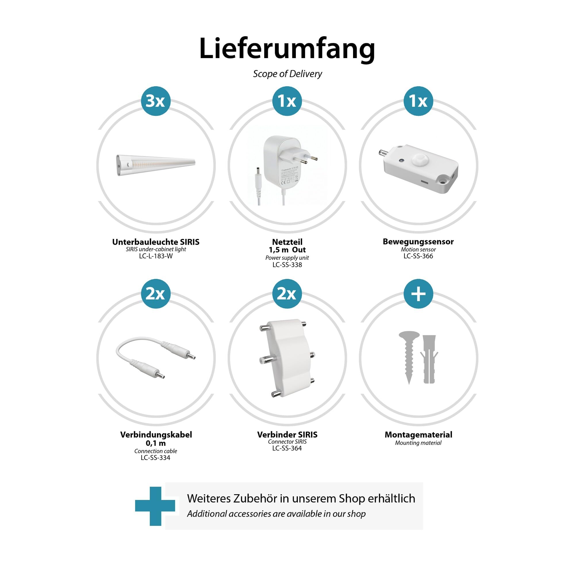 ledscom.de LED Unterbau-Leuchte SIRIS weiß matt mit Bewegungsmelder, flach, je 50cm, je 655lm, weiß, 3er Set