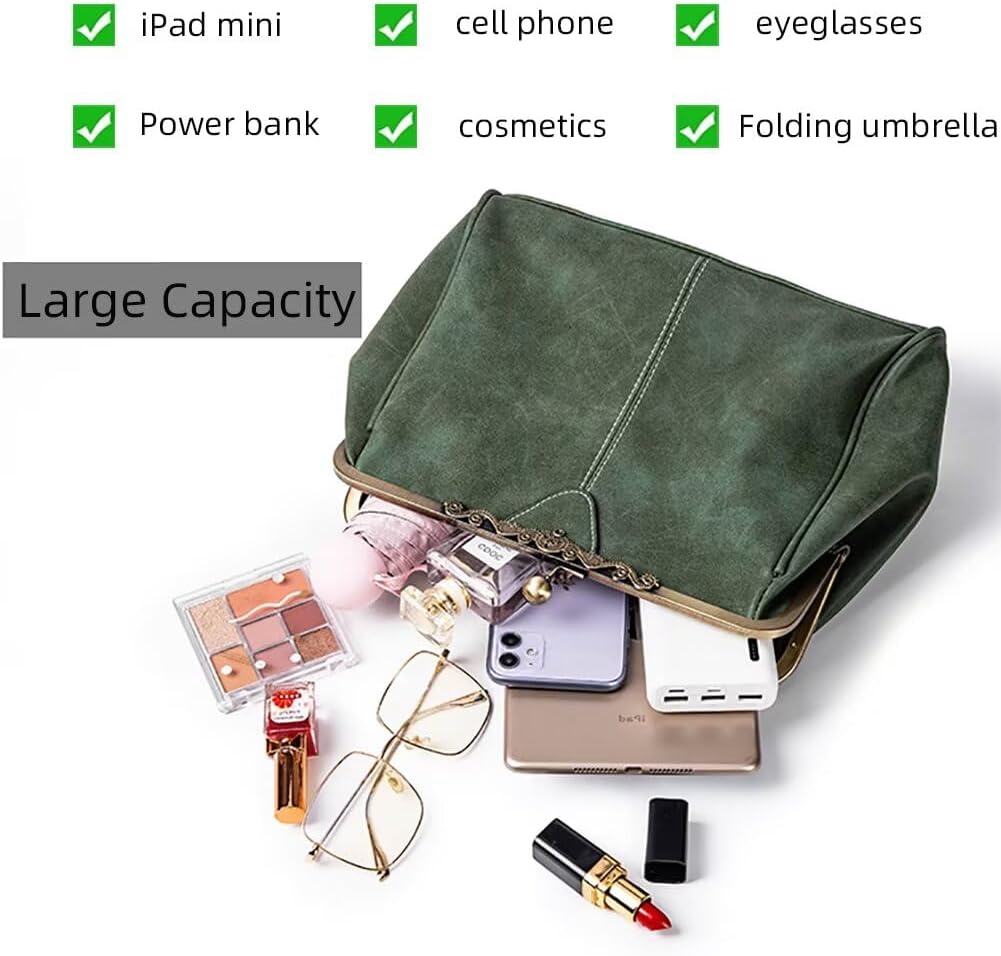 Handbag for Women Leather Shoulder Bag Kiss Lock Top Handle Satchel Purse Vintage Crossbody Bag Evening Clutch Purses - Image 5