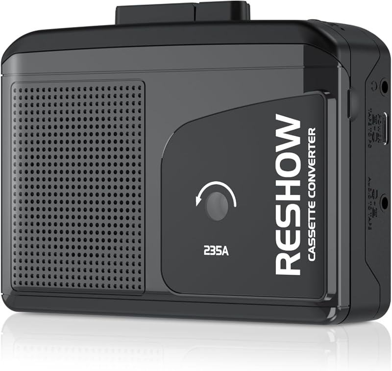 Reshow Reproductor de cinta de casete portátil, convertidor de casete de audio a digital con USB C, parlante incorporado, reproducción y grabación inversa, sonido estéreo - Negro
