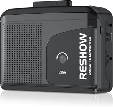 Reshow Portable Cassette Tape Player Recorder, Audio Cassette to Digital Converter with USB C, Built-in Speaker, Reverse Play & Recording, Stereo Sound - Black