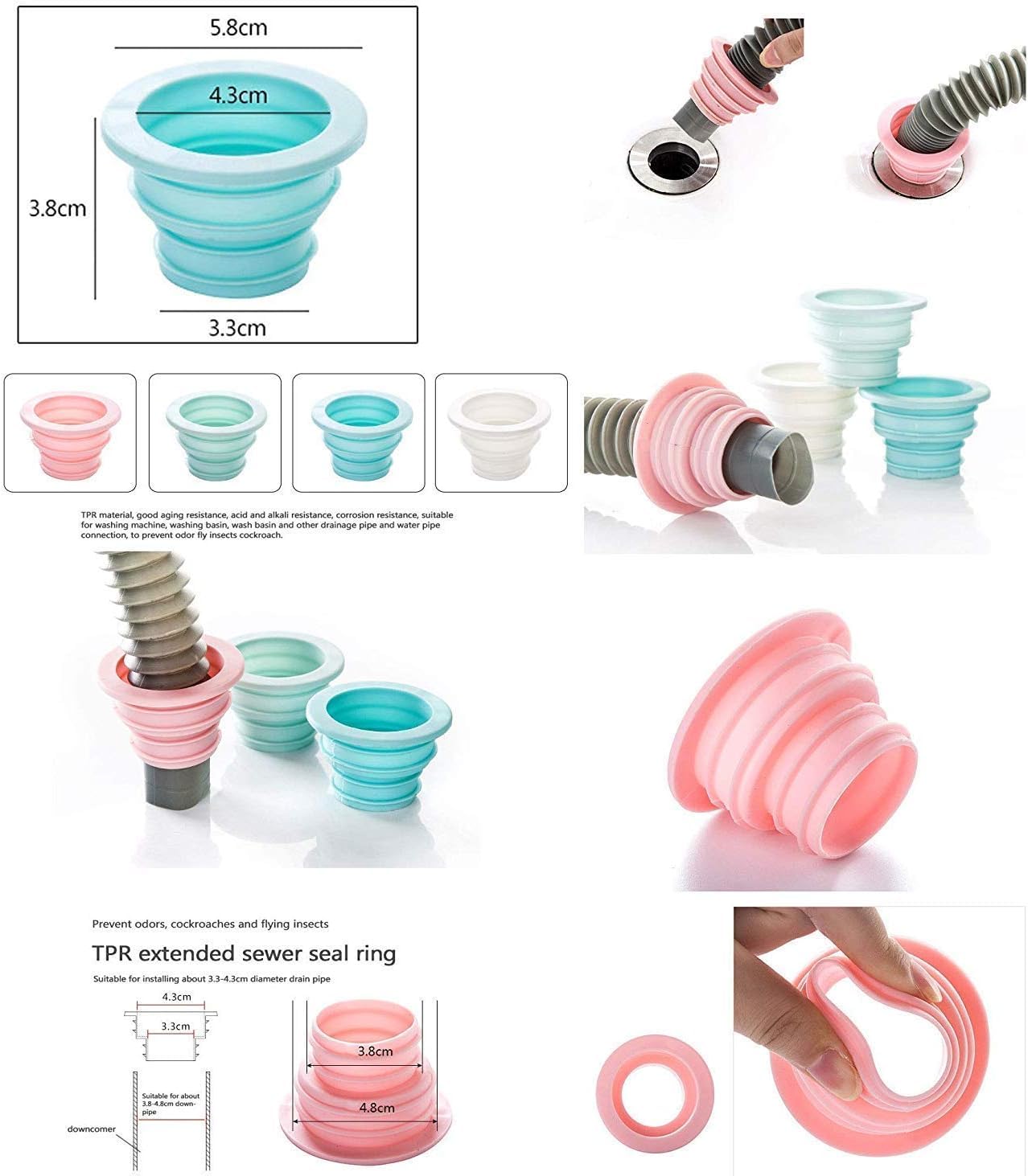 DORMICO Drain Pipe Seal Deodorant, Durable TPR Seal Hose Plug, Sealing Plug Sewer Seal Ring Pipe Connector for Bathroom Laundry Washing Machine Kitchen Cleaning Tools (Pack of 4)