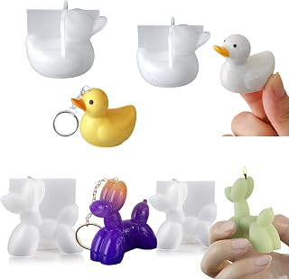 2PCS 3D Mini Duck and 2PCS Balloon Dog Silicone Molds for Resin Casting, Cute Little Duck Epoxy Resin Keychain Molds for DIY Candle Soap Making Ornaments Craft Home Decor