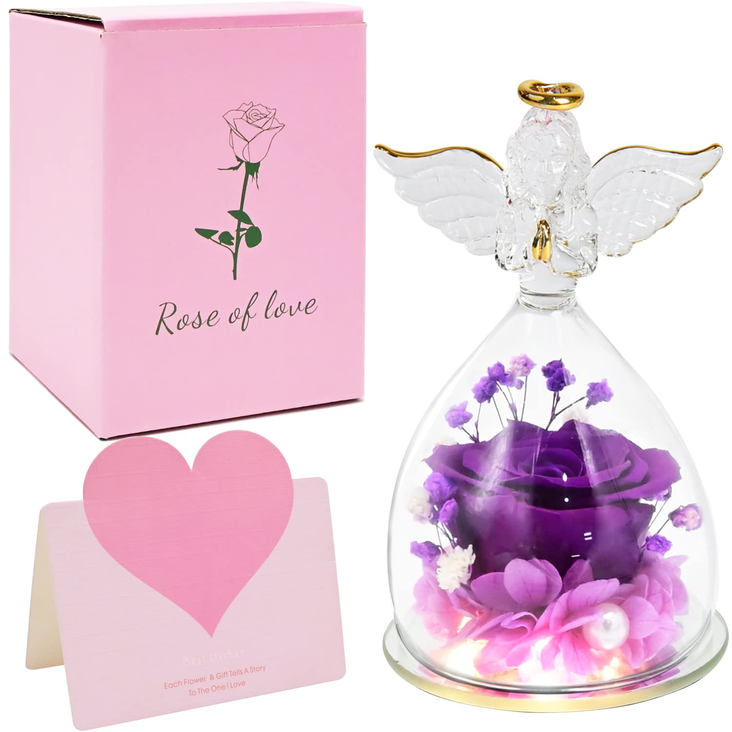 for Her, Preserved Flowers Rose Glass Angel, Purple Rose in Glass Dome Beauty and The Beast Rose for Mom, Women, Valentines Rose Gifts