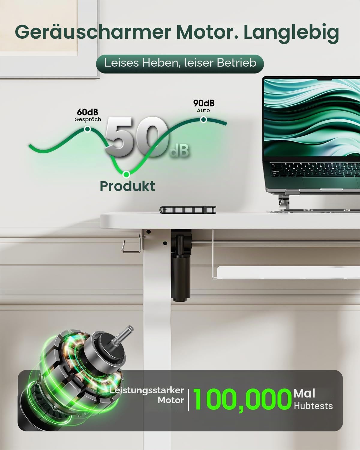 Höhenverstellbarer Schreibtisch 80 x 60 cm, Schreibtisch Höhenverstellbar Elektrisch für Home & Office, 2-teilige Tischplatte, Weiß
