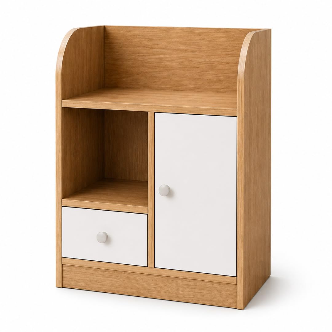 Wooden Bedside Table with Drawer & Cabinet, Multipurpose Side Table | Oak & White Finish, Compact 18-inch Width, Pre-Laminated Board, Easy to Clean Surface, Modern Minimalist Design-picture-15