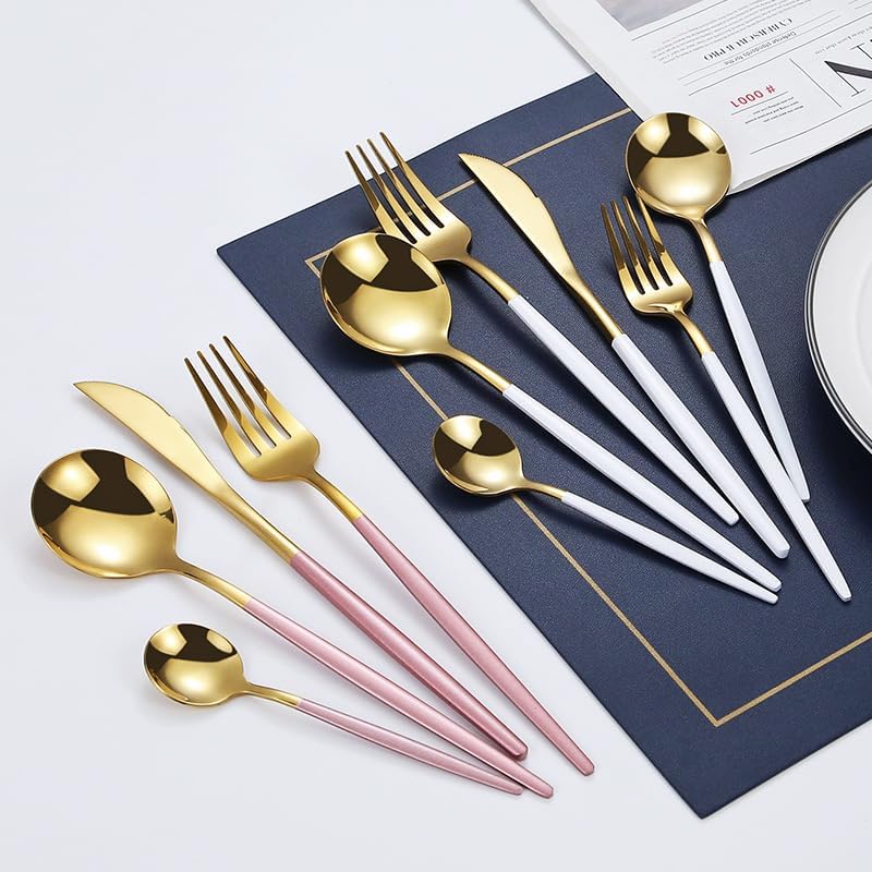 Silverware Flatware Set, 6/24/36/48 Pieces Portable Stainless Steel Knives, Forks And Spoons Tableware Set Steak Knives And Forks Household Stainless Steel Spoons And Forks (Color : Gold,